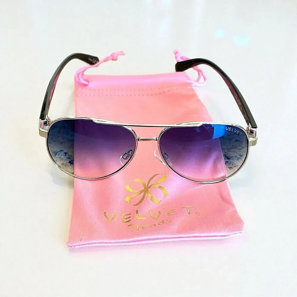 Velvet Eyewear Bonnie Aviator Sunglasses in Silver Flash w/microfiber pouch